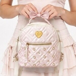 Betsey Johnson Quilted Pearl Bow Mini Backpack Pink Cream Studded Coquette Purse